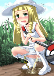 ... 1girl bag blonde_hair blunt_bangs blush cleft_of_venus cloud creatures_(company) day dress female_focus game_freak grass hat have_to_pee heavy_breathing highres homare_(suzu_no_oka) lillie_(pokemon) long_hair nintendo outdoors panties panty_pull peeing plant pokemon pokemon_sm pussy shoes sky solo squatting sun_hat sweat text_focus translated uncensored underwear white_dress white_hat white_legwear white_panties rating:Explicit score:95 user:Domestic_Importer