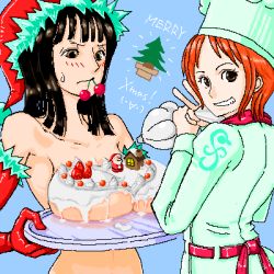 2girls black_hair blush breast_rest breasts carried_breast_rest carrying chef chef_hat cherry christmas elbow_gloves food fruit gloves grin hat icing large_breasts lowres mouth_hold multiple_girls nami_(one_piece) nico_robin non-web_source nude oekaki one_piece orange_hair red_gloves santa_hat see-through smile sweatdrop tattoo beanie tray v rating:Questionable score:50 user:danbooru