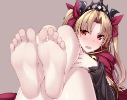 &gt;:o 1girl :o arm_warmers barefoot blonde_hair blush bow brown_background cape capelet earrings ereshkigal_(fate) fate/grand_order fate_(series) feet foot_focus hair_bow jewelry legs legs_together legs_up long_hair looking_at_viewer nose_blush open_mouth parted_bangs red_bow red_cape red_eyes ruton-niki simple_background soles solo sweat tiara toes tohsaka_rin twintails two_side_up v-shaped_eyebrows rating:Sensitive score:98 user:danbooru