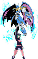  1girl absurdres akeikou arm_up armor bike_shorts bikini bikini_top_only black_bikini black_footwear black_jacket blue_armor boots breasts cleavage commentary_request digimon digimon_(creature) digimon_world_re:digitize full_body goggles goggles_around_neck green_hair hair_between_eyes highres hood hood_up hooded_jacket horns indoors jacket kamina_pose knee_boots large_breasts long_sleeves looking_at_viewer navel no_legwear open_mouth orange_eyes partially_unzipped pointing pointing_up red_eyes shinomiya_rina short_hair short_hair_with_long_locks shoulder_pads sidelocks skindentation standing stomach swimsuit teeth two-tone_bikini ulforcev-dramon underboob upper_teeth_only white_bikini wings 