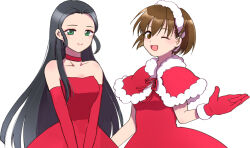  2girls bare_shoulders black_hair breasts brown_eyes brown_hair capelet choker christmas closed_mouth commentary_request dress elbow_gloves fur-trimmed_capelet fur-trimmed_dress fur-trimmed_headwear fur_trim gensou_suikoden gensou_suikoden_ii gloves green_eyes hairband jillia_blight long_hair looking_at_viewer medium_breasts multiple_girls nanami_(suikoden) one_eye_closed open_mouth red_gloves santa_dress senri_iroiro short_hair simple_background smile white_background 