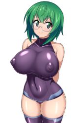  1girl black_leotard black_thighhighs blush breasts covered_erect_nipples covered_navel glasses green_hair highres huge_breasts impossible_clothes infinite_stratos leotard semi-rimless_eyewear shintarou_(multi0319) shiny_clothes shiny_skin short_hair simple_background skin_tight smile solo standing thighhighs white_background yamada_maya_(infinite_stratos) 