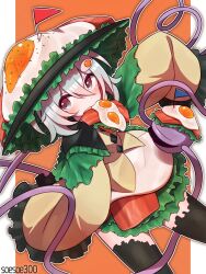  1girl adapted_costume bacon black_thighhighs buttons commentary cowboy_shot diamond_button dutch_angle food food-themed_clothes food-themed_hat food_in_mouth fried_egg frilled_shirt_collar frilled_sleeves frills green_skirt grey_eyes grey_hair hair_between_eyes hand_up hat highres komeiji_koishi lettuce looking_at_viewer orange_background red_flag shirt short_hair simple_background skirt sleeves_past_fingers sleeves_past_wrists soesoe300 solo thighhighs touhou twitter_username upturned_eyes wide_sleeves yellow_shirt zettai_ryouiki 