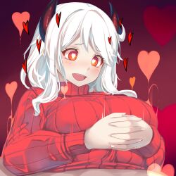  1girl breasts breasts_squeezed_together happy heart heart-shaped_pupils helltaker highres horns huge_breasts implied_paizuri modeus_(helltaker) own_hands_clasped paizuri paizuri_under_clothes red_background red_eyes shiki_(psychedelic_g2) smile symbol-shaped_pupils white_hair 