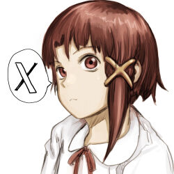  1girl abe_yoshitoshi brown_hair hair_ornament hair_ribbon highres iwakura_lain looking_at_viewer ribbon serial_experiments_lain short_hair simple_background solo speech_bubble twitter twitter_x_logo upper_body white_background x_hair_ornament  rating:General score:11 user:danbooru