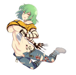 10s 1girl :p bare_shoulders belt blaccura breasts denim green_hair groin hikage_(senran_kagura) jeans knife looking_at_viewer midair navel no_bra no_panties open_belt pants senran_kagura short_hair solo tattoo tongue tongue_out torn_clothes torn_jeans torn_pants unbuckled unbuttoned underboob unzipped yellow_eyes zipper zipper_pull_tab  rating:Questionable score:76 user:danbooru