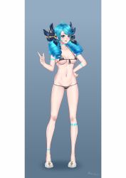 1girl absurdres ahoge alternate_costume bikini black_bikini black_bow bow breasts brown_bow bwcloud cameltoe collarbone drill_hair earrings full_body gradient_background green_background green_eyes green_hair gwen_(league_of_legends) hair_bow hand_on_own_hip hand_up highres index_finger_raised jewelry league_of_legends long_hair lowleg lowleg_bikini medium_breasts navel open_mouth signature solo standing swimsuit twin_drills twintails two-tone_bow white_background rating:Questionable score:23 user:danbooru