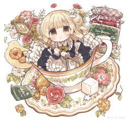  1girl :o apron black_dress blonde_hair blush bow bowtie chibi chibi_only commentary cup dot_nose dress flower frilled_apron frills full_body highres holding holding_staff in_container in_cup jam long_sleeves looking_at_viewer maid neko_satou open_mouth orange_flower original red_flower saucer simple_background solo staff sugar_cube symbol-only_commentary teacup twitter_username two_side_up white_apron white_background yellow_bow yellow_bowtie yellow_eyes 