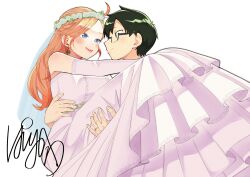  1boy 1girl absurdres black_hair blue_eyes blush breasts bridal_veil carrying commentary_request couple doujima-kun_wa_doujinai doujima_(doujima-kun_wa_doujinai) dress earrings elbow_gloves eye_contact fang flower_wreath four-leaf_clover_earrings glasses gloves head_wreath hetero highres himewaka_(doujima-kun_wa_doujinai) jewelry large_breasts long_hair looking_at_another official_art orange_hair original panyakawa parted_bangs princess_carry ring short_hair signature simple_background smile veil wedding_dress wedding_ring white_background white_gloves 