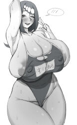  areola_slip armpits arms_up blush breasts bursting_breasts cleavage collarbone covered_erect_nipples creatures_(company) curvy efto female_pubic_hair game_freak huge_breasts japanese_text lana&#039;s_mother_(pokemon) long_hair looking_at_viewer mature_female monochrome nintendo one-piece_swimsuit one_eye_closed plump pokemon pubic_hair school_swimsuit shiny_skin standing sweat swimsuit thick_thighs thighs torn_clothes v white_background wide_hips wink 