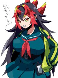  1girl angry black_hair breasts clenched_teeth colored_sclera delinquent freckles highres jacket large_breasts pleated_skirt red_eyes red_hair school_uniform skirt teeth yellow_sclera you&#039;re_finished_(yu-gi-oh!) yu-gi-oh!  rating:General score:5 user:Ju88