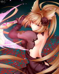  1girl ass ass_cutout back backless_dress backless_outfit black_dress blonde_hair breasts butt_crack clothing_cutout dress duckdickdock from_behind gloves granblue_fantasy holding holding_weapon long_hair medium_breasts red_eyes serious solo standing sword weapon yuisis_(granblue_fantasy) 