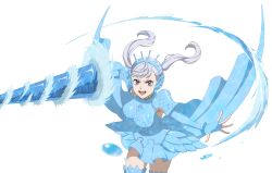  1girl absurdres armor black_clover boots breasts female_focus gauntlets gloves grey_hair highres holding holding_weapon lance large_breasts looking_at_viewer miniskirt noelle_silva official_art polearm purple_eyes skirt spear thigh_boots thighhighs thighs tiara twintails valkyrie water weapon 