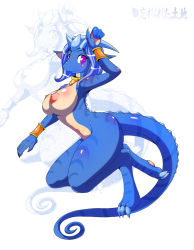  animal_hands barefoot blue_hair blush breasts claws dragon furry highres horns large_breasts nipples nude purple_eyes smile tail toes wings  rating:Questionable score:43 user:red-giant