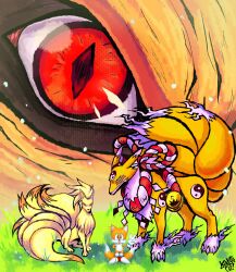  2boys 2others absurdres creatures_(company) crossover digimon extra_tails fox game_freak gen_1_pokemon grass highres kaylla kurama_(naruto) kyubimon multiple_boys multiple_crossover multiple_others naruto_(series) ninetales nintendo pokemon pokemon_(creature) red_eyes slit_pupils sonic_(series) standing tails_(sonic) trait_connection v yin_yang  rating:General score:4 user:danbooru