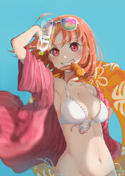  1girl absurdres ahoge aoiao bikini blue_background bottle breasts cleavage collarbone commentary front-tie_bikini_top front-tie_top grin highres holding holding_bottle holding_swim_ring innertube jacket jacket_over_swimsuit looking_at_viewer love_live! love_live!_sunshine!! mouth_hold navel open_clothes open_jacket orange_hair rainbow-tinted_eyewear red_eyes red_jacket short_hair side-tie_bikini_bottom sidelocks smile solo stomach sunglasses swim_ring swimsuit takami_chika upper_body water_bottle white_bikini 