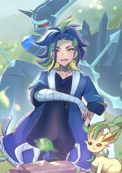  1boy adaman_(pokemon) bandaged_arm bandages blue_hair blurry blurry_background blurry_foreground brown_eyes collarbone commentary_request creatures_(company) dialga dialga_(origin) drop_earrings earrings eyebrow_cut game_freak gen_4_pokemon green_hair jewelry leaf leafeon legendary_pokemon looking_at_viewer male_focus mizuiro123 multicolored_hair neck_ring nintendo open_mouth pokemon pokemon_(creature) pokemon_legends:_arceus red_eyes two-tone_hair yellow_eyes 