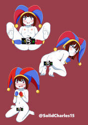  1girl absurdres ass asymmetrical_gloves back barefoot blue_eyes blue_gloves blush blush_stickers brown_hair censored completely_nude feet female_focus flat_chest from_behind full_body gloves hat heterochromia highres jester_cap legs_up loli looking_at_viewer looking_back lying multiple_views navel nipples novelty_censor nude on_back open_mouth pomni_(the_amazing_digital_circus) red_background red_eyes red_gloves short_hair simple_background sitting skirt soles solidcharles spread_legs the_amazing_digital_circus thighs tiptoes toes wariza white_skirt 