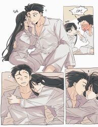  &gt;:) 1boy 1girl ? ace_attorney black_eyes black_hair blank_eyes blush cheek_pinching closed_eyes commentary_request drooling full-face_blush grin half-closed_eyes hetero highres hug korean_commentary korean_text long_hair lying maya_fey mmachoii mouth_drool on_back on_bed pajamas phoenix_wright pinching raised_eyebrow short_hair sidelocks sigh simple_background sitting sleeping smile smirk speech_bubble spiked_hair sweatdrop translation_request v-shaped_eyebrows very_long_hair whispering_in_ear white_pajamas 