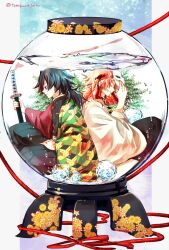  2boys abstract ball black_hair black_pants bush crystal feet_out_of_frame floral_print from_side highres holding holding_mask holding_sword holding_weapon jacket kamado_tanjirou kimetsu_no_yaiba leaning_back male_focus mask medium_hair multiple_boys pants plant red_hair red_jacket robe sword tomioka_giyuu tomkureson twitter_username water weapon white_robe 