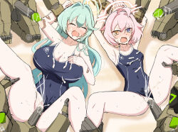 2girls 4others blue_archive closed_eyes cum cum_in_pussy gang_rape heterochromia hoshino_(blue_archive) hoshino_(young)_(blue_archive) kakochan lying multiple_girls multiple_others official_alternate_costume one-piece_swimsuit pink_hair rape sex swimsuit yume_(blue_archive)