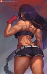 1girl ass bare_shoulders blue_eyes breasts butt_crack commentary cutesexyrobutts dark_skin dark-skinned_female fingerless_gloves from_behind gloves highres ikkitousen kan&#039;u_unchou large_breasts long_hair looking_at_viewer looking_back muscular pinup_(style) purple_hair short_shorts shorts solo standing thick_thighs thighs thong toned underboob very_long_hair rating:Sensitive score:83 user:danbooru