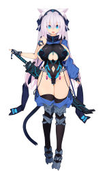 1girl :d animal_ear_fluff animal_ears armor armored_shoes asymmetrical_clothes bad_id bad_pixiv_id black_leotard black_scarf black_thighhighs blue_eyes blue_gloves blue_headband blue_sleeves breasts cat_ears clothing_cutout commentary_request denpaken_pochi fang faulds fingerless_gloves full_body garter_straps gloves groin hair_between_eyes headband highres huge_breasts knee_pads leotard long_hair looking_at_viewer micro_panties navel navel_cutout open_mouth original panties paw_print pubic_tattoo scarf see-through sex_toy sheath sheathed sideboob sidelocks silver_hair simple_background single_sleeve skin_fang skindentation smile solo standing straight-on sword tachi-e tattoo thighhighs twintails underboob underboob_cutout underwear vibrator virtual_youtuber weapon weapon_on_back white_background zipper zipper_pull_tab