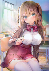  1girl absurdres arm_support blush breasts brown_hair brown_jacket chair chalkboard classroom curtains desk flower green_eyes hair_between_eyes hair_ribbon highres holding holding_flower indoors jacket kino_(kino_konomi) large_breasts long_hair long_sleeves looking_at_viewer nail_polish original parted_lips pleated_skirt red_eyes red_skirt ribbon school_chair school_desk school_uniform shirt sitting skirt solo sunlight thighhighs thighs white_shirt white_thighhighs window wooden_floor zettai_ryouiki 