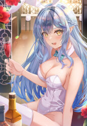 1girl bare_shoulders blue_hair breasts cleavage cup hololive indoors long_hair looking_at_viewer matsumoto_yuu medium_breasts open_mouth rabbit_ears smile solo yukihana_lamy