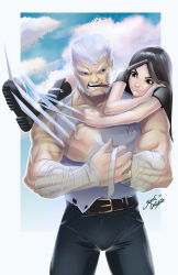 10s 1girl animification black_hair brown_eyes claw_(weapon) claws father_and_daughter highres logan_(film) logan_(movie) long_hair marvel old old_man weapon white_hair wolverine_(x-men) x-23 x-men