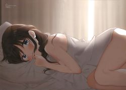 1girl bed_sheet black_eyes braid brown_hair hair_between_eyes hair_over_shoulder highres indoors kantai_collection long_hair looking_at_viewer lying naked_sheet naoto_(tulip) nude on_bed on_side pillow pov_across_bed shigure_(kancolle) single_braid solo under_covers rating:Sensitive score:22 user:danbooru
