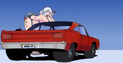 1girl candy car charlotte_smoothie food heels highres lollipop motor_vehicle one_piece resident_drawfriend shorts tattoo  rating:Sensitive score:22 user:tights_man