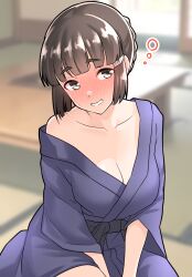  1girl alternate_costume black_eyes black_hair blush breasts cleavage collarbone full-face_blush furaggu_(frag_0416) grin hair_ornament hairclip highres japanese_clothes kantai_collection kimono large_breasts long_sleeves looking_at_viewer myoukou_(kancolle) obi purple_kimono sash short_hair smile solo wide_sleeves 