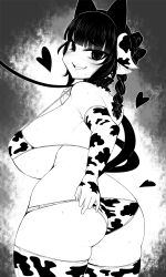  1girl animal_ears animal_print ass bikini blunt_bangs blush braid breasts butt_crack cat_ears cat_girl commentary_request cow_ears cow_print cowboy_shot curvy elbow_gloves extra_ears gloves greyscale haseru_(ginku_mh) heart huge_breasts kaenbyou_rin looking_at_viewer looking_back medium_hair monochrome nekomata open_mouth pointy_ears side_braid sideboob sidelocks smile solo swimsuit thighhighs touhou 