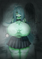  1girl 2b-ge ahoge bags_under_eyes bow bowtie breasts faceless flashlight ghost gigantic_breasts green_theme hair_over_one_eye highres holding holding_flashlight huge_breasts indoors long_hair looking_at_viewer mei_(2b-ge) miniskirt original school_uniform shirt skirt solo taut_clothes taut_shirt thighhighs white_shirt white_thighhighs zettai_ryouiki 