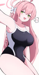 1girl :d ahoge arm_at_side armpits bare_legs bare_shoulders black_one-piece_swimsuit blue_archive blush bow braid breasts bright_pupils cleavage collarbone competition_school_swimsuit covered_navel cowboy_shot crossed_bangs double-parted_bangs emblem from_side green_eyes hair_bow half-closed_eyes halo hanako_(blue_archive) heart highres large_breasts long_hair naughty_face official_alternate_costume one-piece_swimsuit open_mouth outstretched_arm pink_hair pink_halo school_swimsuit side_braid simple_background single_braid smile solo speech_bubble spoken_heart standing straight_hair swimsuit thick_thighs thighs trinity_general_school_swimsuit two-tone_swimsuit very_long_hair white_background white_bow white_one-piece_swimsuit white_pupils yun_(kbdenz9) 