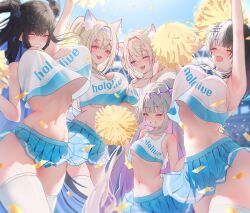  5girls absurdres alternate_costume animal_ear_fluff animal_ears arm_up armpits asymmetrical_docking asymmetrical_horns bandaid bandaid_hair_ornament bare_shoulders black_hair blonde_hair blue_eyes blue_hair blue_hairband blue_skirt blue_sky blush bouncing_breasts breast_press breasts cheerleader cleavage closed_eyes colored_inner_hair commentary confetti crop_top crossed_bangs demon_horns dog_ears dog_girl dog_tail double-parted_bangs dress english_commentary fake_horns fuwawa_abyssgard gradient_hair grey_hair hair_between_eyes hair_flaps hair_intakes hair_ornament hairband hairclip headpiece highres holding holding_pom_poms holoadvent hololive hololive_english horns huge_breasts jewel_under_eye jumping koseki_bijou large_breasts long_hair looking_at_viewer microskirt mococo_abyssgard mole mole_on_breast mole_under_eye multicolored_hair multiple_girls navel nerissa_ravencroft no_bra no_panties one_eye_closed open_mouth pink_eyes pink_hair pink_hairband pleated_skirt pom_pom_(cheerleading) pom_poms ponytail prab purple_eyes purple_hair red_eyes shiori_novella short_hair siblings sisters skindentation skirt sky small_breasts smile solo split-color_hair stomach streaked_hair symmetrical_docking tail teeth thighhighs thighs twins two-tone_hair two_side_up underboob very_long_hair virtual_youtuber white_background white_thighhighs wide_ponytail x_hair_ornament  rating:Sensitive score:129 user:danbooru