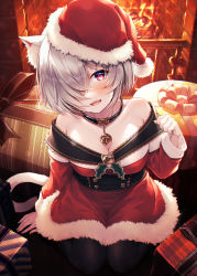 1girl absurdres animal_ear_fluff animal_ears bare_shoulders bell black_collar black_pantyhose blush box breasts cat_ears cat_tail christmas collar commentary_request dress fire fireplace fur-trimmed_dress fur_trim gift gift_box hair_over_one_eye hasumi_(hasubatake39) hat highres indoors jingle_bell kuon_(hasumi_(hasubatake39)) long_sleeves looking_at_viewer medium_breasts neck_bell open_mouth original pantyhose pink_eyes red_dress santa_costume santa_hat short_hair silver_hair sitting smile solo tail teeth upper_teeth_only rating:Sensitive score:13 user:danbooru