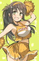  1girl :d arm_up armpits blush breasts brown_hair cheerleader commentary_request cowboy_shot crop_top crop_top_overhang green_background green_eyes hairband hand_out_of_frame holding holding_pom_poms izumi_rei light_particles long_hair looking_at_viewer midriff open_mouth original outstretched_arms pleated_skirt pom_pom_(cheerleading) pom_poms skirt smile solo standing yellow_hairband yellow_pom_poms yellow_skirt 