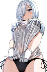  1girl artist_name banned_artist belko bikini bikini_under_clothes black_bikini blouse blue_eyes blush breasts closed_mouth clothes_pull covered_navel dated from_below gloves grey_hair hair_ornament hair_over_one_eye hairclip hamakaze_(kancolle) highres kantai_collection large_breasts looking_at_viewer looking_down pulled_by_self revision see-through see-through_shirt shirt shirt_pull short_hair side-tie_bikini_bottom solo swimsuit underboob wet wet_clothes wet_shirt white_background white_gloves white_shirt  rating:Sensitive score:88 user:danbooru