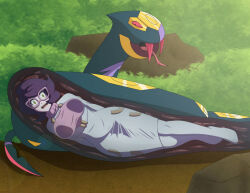 1girl breasts creatures_(company) cross-section dress elmonais fang fangs forked_tongue game_freak gen_3_pokemon glasses inside_creature internal_view large_breasts nintendo outdoors pokemon pokemon_(creature) pokemon_sm purple_hair scared seviper snake stomach thighhighs tongue vore wicke_(pokemon) x-ray  rating:Questionable score:5 user:Vore_Fanatic
