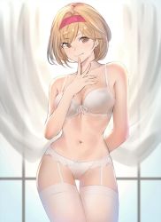 1girl arm_behind_back backlighting bare_arms bare_shoulders blonde_hair blush bra breasts brown_eyes cleavage collarbone cowboy_shot curtains djeeta_(granblue_fantasy) finger_to_mouth garter_belt gluteal_fold granblue_fantasy looking_at_viewer medium_breasts mole mole_above_mouth navel panties renzu_(lens_02) short_hair solo stomach thigh_gap thighhighs underwear white_bra white_panties white_thighhighs rating:Sensitive score:24 user:danbooru