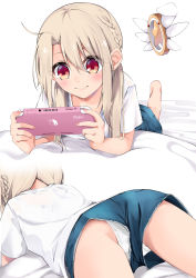 1girl absurdres ass bed blonde_hair fate/kaleid_liner_prisma_illya fate_(series) highres illyasviel_von_einzbern legs lying nape nintendo_switch on_stomach panties playing_games red_eyes see-through see-through_bra_strap shirt shorts smile t-shirt underwear white_panties rating:Questionable score:105 user:AstroKite00