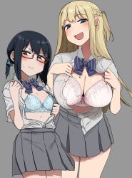  2girls alexa_mahone black_hair blonde_hair blue_eyes blush bow bowtie bra breasts brown_eyes cleavage fang glasses grey_background highres large_breasts long_hair mole mole_on_breast multiple_girls open_clothes open_shirt original pleated_skirt ponytail red-framed_eyewear ringed_eyes school_uniform simple_background skirt small_breasts underwear 