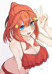  1girl :d artist_name bikini blue_eyes blush body_blush bracelet breasts cleavage collarbone double-parted_bangs frilled_bikini frills go-toubun_no_hanayome hair_ornament hand_up highres irarei_(araisanblog) jewelry large_breasts long_hair looking_at_viewer lower_teeth_only nakano_itsuki open_mouth ponytail red_bikini red_hair shadow simple_background smile solo star_(symbol) star_hair_ornament swimsuit teeth tongue twitter_username v watermark white_background 