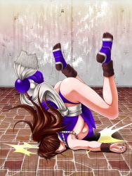 1girl alternate_color ass breasts brown_hair faceplant fatal_fury h@ruki highres japanese_clothes long_hair nail_polish pain panties ponytail ryona shiranui_mai sideboob the_king_of_fighters thong toe_socks top-down_bottom-up underwear rating:Questionable score:23 user:armorcrystal