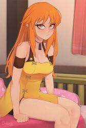  1girl aika_(eternal_arcadia) armband breasts brown_eyes closed_mouth commentary darahan dress earrings embarrassed english_commentary eternal_arcadia hair_down indoors jewelry long_hair looking_at_viewer medium_breasts orange_hair sitting solo yellow_dress  rating:Sensitive score:27 user:danbooru