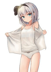  1girl bare_shoulders black_bow black_hairband black_ribbon blush bob_cut bow bow_panties bra breasts camisole closed_mouth collarbone commentary cowboy_shot dot_nose dress_shirt expressionless green_eyes hair_bow hair_ribbon hairband highres konpaku_youmu kubure loli looking_at_viewer no_pants off_shoulder open_clothes open_shirt opened_by_self paid_reward_available panties ribbon shirt short_hair simple_background small_breasts solo standing sweat thigh_gap touhou underwear undressing white_background white_bra white_camisole white_hair white_panties white_shirt  rating:Sensitive score:52 user:danbooru