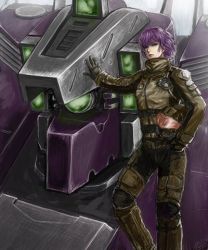  1girl armored_core armored_core:_last_raven fascinator green_eyes lowres mecha purple_hair robot zinaida  rating:Sensitive score:5 user:Roughcut