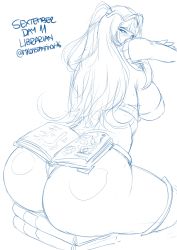  1girl absurdres artist_name ass book breasts fire_emblem highres huge_ass large_breasts long_hair looking_at_viewer looking_back mkonstantinov monochrome nintendo sideboob signature sitting sketch solo tharja_(fire_emblem) thick_thighs thighs white_background wide_hips  rating:Questionable score:24 user:JustHere4Butts